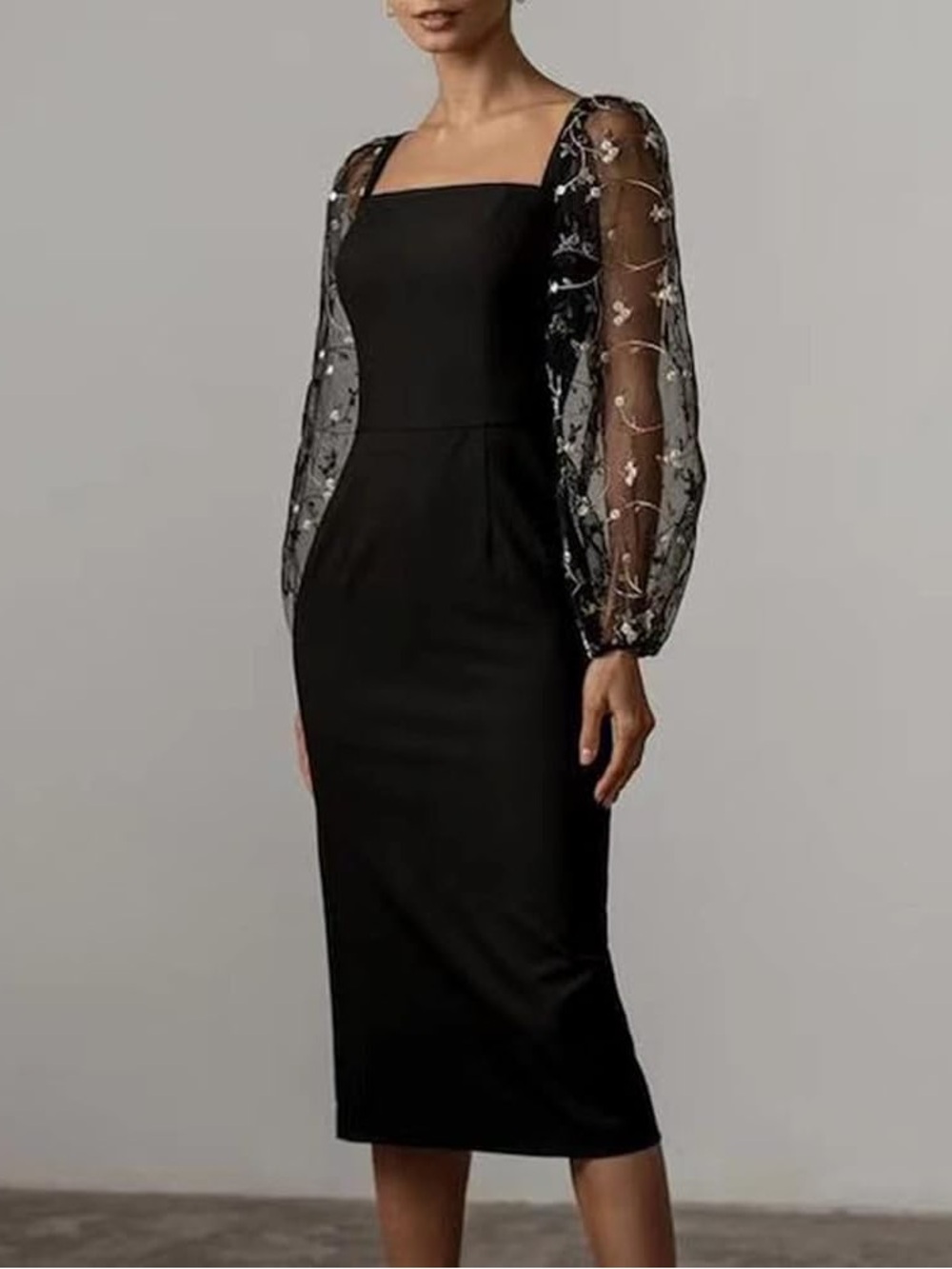Sheer floral Embroidered Puff sheer Sleeve Black midi dress